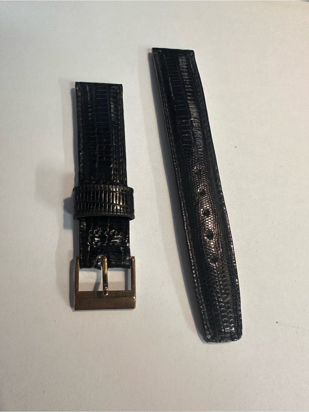 Black Leather Genuine Alligator-Lizard Textured Watch Strap with Gold Buckle